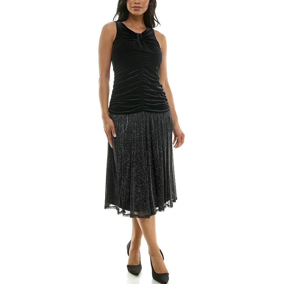 Maison Tara Size 8 Sleeveless Black Cocktail Midi Dress Velvet Ruched Bodice